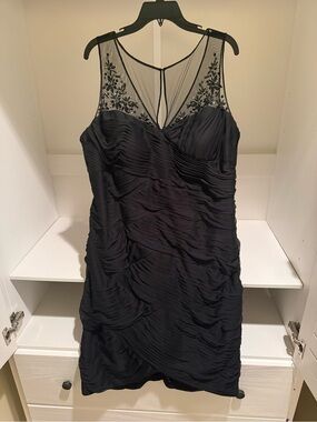 Adrianna Papell Black Sleeveless Embroidered Mesh Yoke Ruched Cocktail Dress